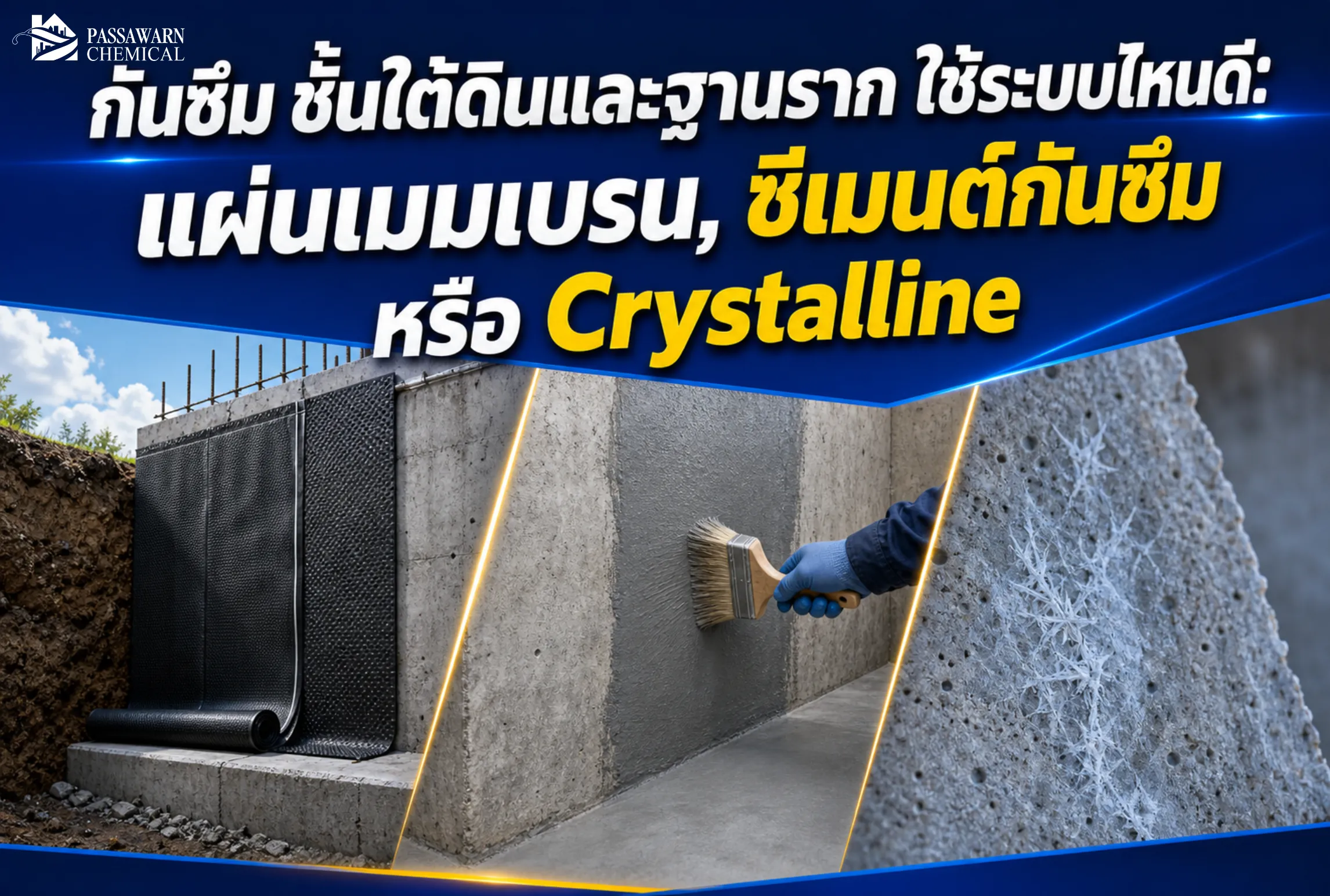 กันซึมชั้นใต้ดินและฐานรากควรเลือกให้ถูกระบบ เทียบแผ่นเมมเบรนกันซึม ซีเมนต์กันซึม และ crystalline waterproofing