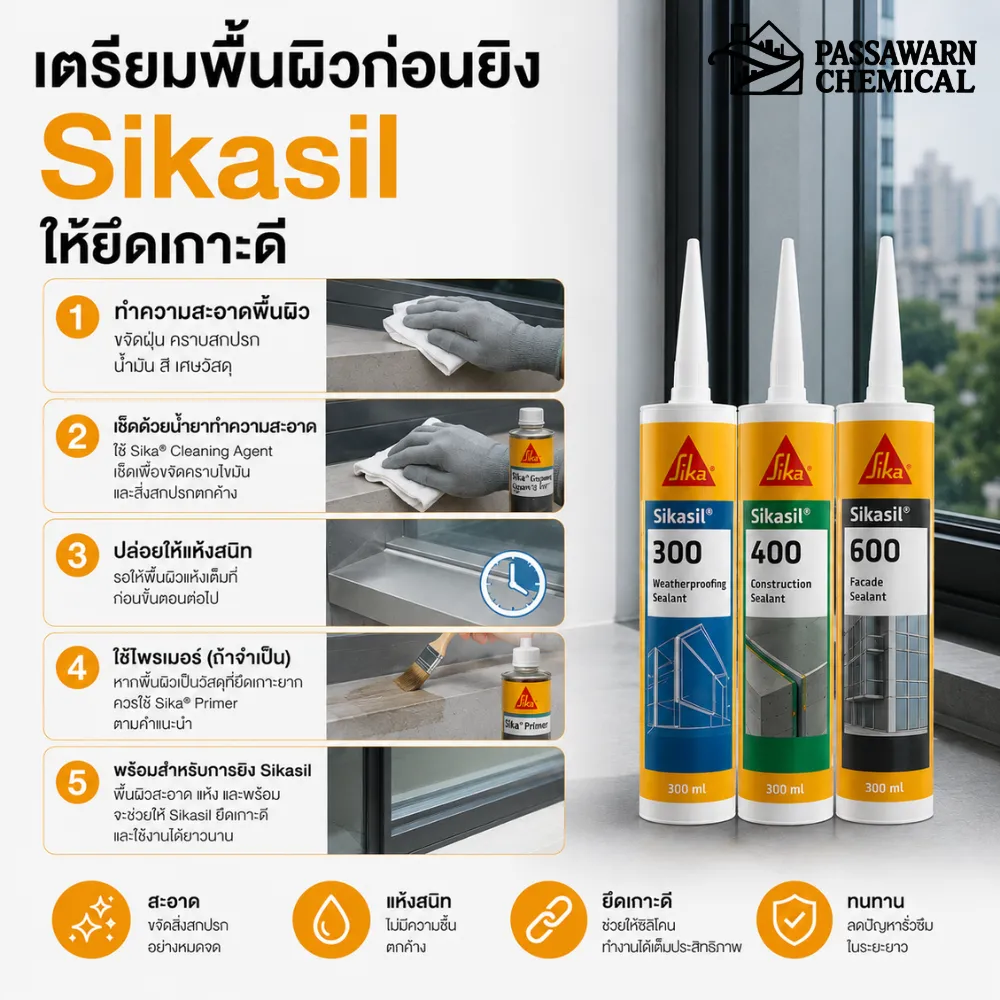 เตรียมพื้นผิวก่อนยิง Sikasil ให้ยึดเกาะดี
