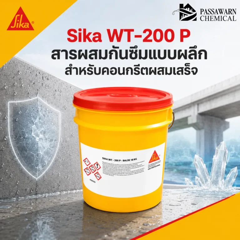 Sika WT-200 P สารผสมกันซึมแบบผลึกสำหรับคอนกรีตผสมเสร็จ ลดการซึมผ่านของน้ำ เพิ่ม self-healing เหมาะกับชั้นใต้ดิน ถังน้ำ และบ่อบำบัด