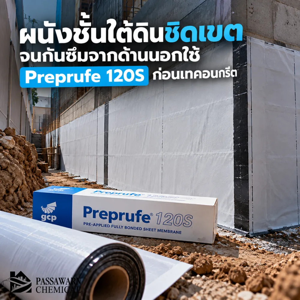 ผนังชั้นใต้ดินชิดเขตจนกันซึมจากด้านนอกใช้ Preprufe 120S ก่อนเทคอนกรีต
