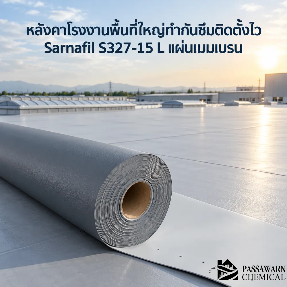 Sarnafil S327-15 L เมมเบรน PVC สำหรับหลังคาโรงงานพื้นที่ใหญ่ ระบบยึดเชิงกล เชื่อมลมร้อน ทน UV และแรงลม เหมาะกับงานกันซึมหลังคา